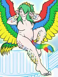 angel breasts claws closed_eyes crown deity feathered_tail feathered_wings feathers female genitals green_hair gynomorph hair headgear hi_res humanoid humanoid_pointy_ears intersex light mother_gaia_(slightly_damned) multicolored_body multicolored_feathers multicolored_genitals multicolored_wings nude pillar sitting slightly_chubby slightly_damned solo tail toe_claws unusual_anatomy unusual_genitalia weird wings