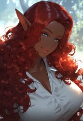 1girls ai_generated blue_eyes cleavage dark-skinned_female dark_elf dark_skin female female_only huge_breasts long_hair red_hair shirt solo talise wavy_hair