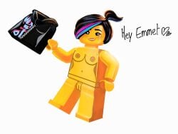 action_figure anatomically_correct breasts disrobing domnirch inanimate_animate lego lego_minifigure naked on_model pussy simple_background stripping talking_to_another toy wyldstyle yellow_body