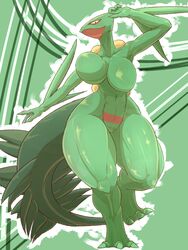 2016 3_fingers 3_toes abstract_background anthro anthro_only bouncing_breasts breasts fdokkaku female green_skin kemono large_breasts looking_at_viewer navel nintendo no_nipples nude pokemon pokemon_(species) pokemorph pussy raised_arm raised_leg sceptile solo standing thick_tail thick_thighs toes voluptuous wide_hips yellow_sclera