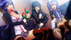 3girls arms_up black_hair blue_hair breasts censored cleavage closed_eyes cum cum_on_hair embarrassed facial game_cg green_eyes grey_skirt highres huge_breasts indoors izumi_kirika kagurazaka_ichigo kanzen_jikan_teishi large_breasts legs long_hair long_sleeves microphone mosaic_censoring multiple_girls open_mouth panties panties_aside parted_lips penetration penis pink_hair satsuki_shiho school_uniform sex singing sitting sitting_on_person skirt small_breasts thighhighs thighs tied_hair time_stop twintails underwear uo_denim vaginal_penetration yellow_panties