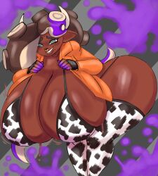 1girls big_breasts breasts busty cow_print dark-skinned_female dark_skin female female_only geebie33 huge_breasts implied_ass_cleavage large_breasts marina_(side_order) marina_(splatoon) nintendo octoling solo splatoon thick_thighs thunder_thighs wide_hips