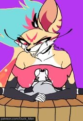 big_breasts bra breast_smother breasts female female_on_top fur furry furry_breasts furry_ears furry_female hellhound helluva_boss loona_(helluva_boss) pink_bra queen_bee-lzebub_(helluva_boss) smothering smothering_breast smothering_breasts yuri