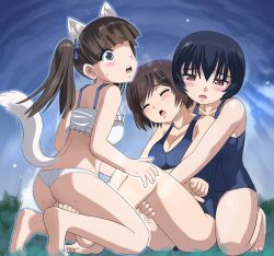 3girls animal_ears ass brave_witches georgette_lemare hosoinogarou karibuchi_hikari large_breasts lesbians multiple_girls panties shimohara_sadako strike_witches sukumizu tail world_witches_series yuri