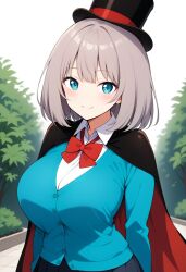 ai_generated blue_eyes blue_shirt bob_cut cape civitai cylinder grey_hair silver_hair skirt smile tejina_senpai tejina_senpai_(character) tejina_senpai_(series)