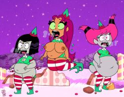 3girls altzegoz_(artist) bbw belly big_belly big_breasts bloated bloated_belly breasts burp burping christmas dc dc_comics fat female jinx_(dc) nipples overweight overweight_female raven_(dc) starfire teen_titans teen_titans_go torn_clothes weight_gain