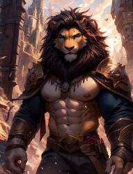 ai_generated anthro armor black_hair blue_eyes claws detailed_background detailed_eyes fur gay hair kuranoidss looking_at_viewer male male_focus male_only muscular muscular_male nipples solo standing