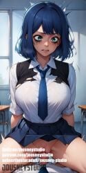 1boy ai_generated akane_kurokawa arms_behind_back bangs blue_hair blue_necktie blue_skirt blush breasts censored classroom clenched_teeth clothed_sex clothes_pull clothing collared_shirt cowgirl_position desk female green_eyes indoors jousneystudio kurokawa_akane large_breasts looking_at_viewer mosaic_censoring necktie original oshi_no_ko pantsu patreon_username penis pleated_skirt school_desk school_uniform sex shirt short_hair short_sleeves sitting skirt skirt_lift skirt_pull solo solo_focus spread_legs straddling straight sweat sweater_vest teeth thighs torn_clothes trembling uncensored underwear uniform vaginal_penetration vest watermark web_address white_shirt window
