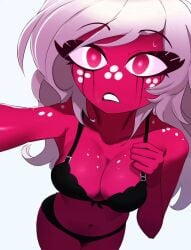 bra emily_(hazbin_hotel) female hazbin_hotel hi_res jesterwing looking_at_viewer red_body selfie solo underwear