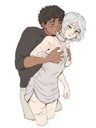1boy bags_under_eyes behind_another black_eyes black_hair black_shirt blue_eyes blush breasts cowboy_shot curly_hair dark-skinned_female dark_skin dungeon_meshi elf female genderswap_(mtf) grabbing grabbing_from_behind grey_hair groping halterneck highres kabru lazy_eye looking_at_another mithrun multiple_scars notched_ear papi_kyo partially_undressed pointy_ears rule_63 scar shirt short_hair simple_background small_breasts straight tunic uneven_eyes wavy_hair white_background