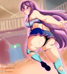 ass big_breasts black_panties breasts butt cheerleader_outfit cheerleader_uniform doki_doki_literature_club huge_ass long_hair panties purple_eyes purple_hair wirichiroga wiricmisaki yuri_(doki_doki_literature_club)