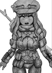 armor bangs belt blush breasts cleavage clothing cowboy_shot female female_only fingerless_gloves gloves greyscale hat headwear helmet large_breasts long_hair looking_at_viewer monochrome navel nipples open_mouth original original_character petrification pouch scar simple_background solo statue stone_statue teeth torn_clothes weapon white_background wide-eyed