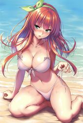 1girls bangs beach bikini blush breasts cleavage clothed_female female female_only green_eyes highres large_breasts looking_at_viewer navel open_mouth piromizu red_hair ribbon shiny shiny_hair shiny_skin sitting solo wet