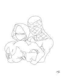 big_breasts black_and_white blush embarrassed from_behind groping groping_breasts gwen_stacy marvel marvel_comics monochrome shocker_(marvel) sketch spider-gwen superhero superhero_costume superheroine thepainfultruth