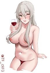 alcohol areola_slip blush breasts brown_eyes covered_nipples covered_pussy drunk female female_only grey_hair highres kantai_collection large_breasts long_hair looking_at_viewer navel nude one_eye_closed open_mouth pola_(kantai_collection) sitting smile solo solo_female tf_cafe twitter_username wakamezake wavy_hair white_background wine