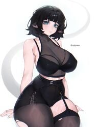 1girls :3 animal_ears armpits big_breasts black_hair black_legwear blue_eyes blush breasts clothed female female_focus female_only jane_doe_(zenless_zone_zero) looking_at_viewer mouse_ears mouse_girl mouse_tail nipple_bulge ripped_stockings shorts simple_background solo solo_female solo_focus sweat sweatdrop sweaty_thighs thick thick_thighs thighs uglysaya white_background zenless_zone_zero