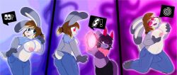 2019 anthro bottomwear breasts bulge clothing digital_media_(artwork) dipstick_ears domestic_cat duo ear_markings erection erection_under_clothing felid feline felis glowing glowing_breasts grimev gynomorph hand_on_breast hi_res horn hypnosis intersex izzy_skye lagomorph leporid mammal mind_control mirror multicolored_ears nipples pants rabbit red_eyes ringed_eyes role_reversal sequence shirt simple_background smile surprised topwear