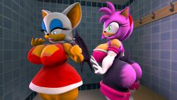 2girls 3d 3d_model alternate_breast_size amy_rose amy_rose_(cosplay) amy_the_bat big_breasts bodysuit bubble_butt busty darksorm dress female female_only huge_ass huge_breasts mobian mobian_(species) mobian_bat multiple_girls neckline rouge_rose rouge_the_bat rouge_the_bat_(cosplay) sega sonic_(series) sonic_adventure_2 sonic_the_hedgehog_(series) spandex_suit torn_bodysuit torn_dress wardrobe_malfunction