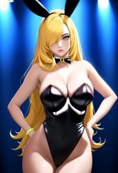 2023 ai_generated aiartshines belly_button_visible_through_clothing big_breasts black_clothing black_leotard blonde_female blonde_hair bowtie bunny_ears bunnysuit cleavage curvy cynthia_(pokemon) deviantart_link female game_freak hair_over_one_eye hand_on_hip huge_breasts human large_breasts light-skinned_female long_hair navel_visible_through_clothes necktie nintendo pale-skinned_female playboy playboy_bunny pokemon pokemon_champion pokemon_dppt solo strapless strapless_leotard