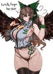 1girls ? big_breasts breasts brown_eyes brown_hair english_text light-skinned_female long_hair one_eye_closed panties partially_clothed pointy_ears question_mark solo solo_female tattoo text thick_thighs thighhighs thighs tomatolover16 touhou utsuho_reiuji white_background wings