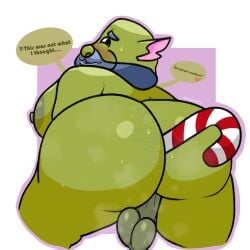 alien anthro background balls ballsack beard candy_cane candy_cane_insertion chubby chubby_anthro chubby_male claws dad_bod digitalkibou farlands fat fat_butt fat_man green_skin hairy_butt huge_ass indie_game male male_only musk musk_clouds musky nipples oola_(farlands) open_mouth overweight sweat sweating sweating_balls text text_bubble toy toying_self