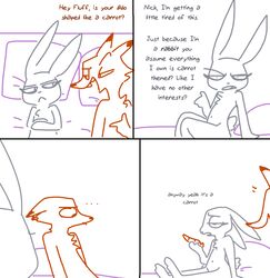 anthro bed canine carrot comic dialogue dildo disney flat_chest food fox judy_hopps lagomorph mammal monochrome nick_wilde nude rabbit rough_sketch sex_toy sketch the_weaver tuft vegetable zootopia