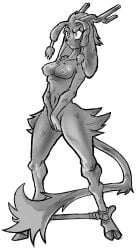 anthro covering covering_crotch female hi_res hooves horn hydrocity nude pseudoregalia rabbit_ears restraints solo spread_legs spreader_bar spreading sybil_(pseudoregalia) tail tail_between_legs