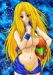 areolae armor blonde_hair blue_eyes breasts censored eyebrows_visible_through_hair female gradient_background hair hair_between_eyes headgear helmet helmet_with_visor long_hair looking_at_viewer metroid navel nintendo nipples open_clothes open_shirt pubic_hair pussy samus_aran shirt solo spitfiremk5 varia_suit_helmet