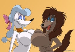 anthro big_breasts breast_squish breasts breasts_frottage canine disney duo eye_contact female georgette hand_on_hip huge_breasts jiggle mammal oliver_and_company poodle rita_(oliver_and_company) saluki spocky87 yuri