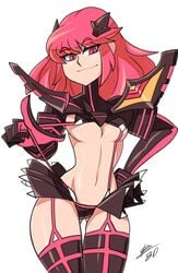 1girls bigdeadalive breasts color female female_only hourglass_figure jakuzure_nonon kill_la_kill long_hair medium_breasts partially_clothed pink_eyes pink_hair senketsu simple_background solo spiked_skirt standing suspenders white_background