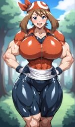 abs ai_generated biceps bike_shorts blue_eyes blush brown_hair cleavage fit_female forest front_view gloves hands_on_hips huge_breasts looking_at_viewer may_(pokemon) muscle_girl muscular_arms muscular_female muscular_thighs outdoors pokemon pokemon_rse quads red_bandana red_shirt short_sleeves skin_tight standing taut_clothes thick_thighs wide_hips