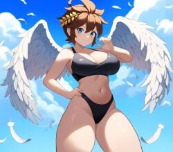 1girls ai_generated angel angel_wings bikini blue_eyes brown_hair genderswap_(mtf) kid_icarus large_breasts nintendo pit_(kid_icarus) rule_63 spiked_hair