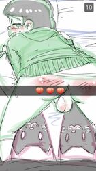 1boy all_fours anus ass balls blush bottomless cat_tights clenched_teeth hoodie male male_only matsuno_choromatsu osomatsu-san peach_(fruit) pov snapchat solo spanked tears