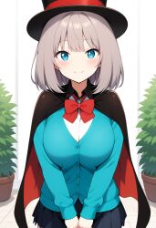 ai_generated blue_eyes blue_shirt bob_cut breasts_squeezed_together cape civitai cylinder grey_hair silver_hair skirt smile tejina_senpai tejina_senpai_(character) tejina_senpai_(series)