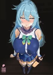 1girls after_sex alcohol alternate_breast_size aqua_(konosuba) big_breasts blue_hair drunk erect_nipples female female_only heart-shaped_pupils heavy_breathing holding_bottle horny horny_female kono_subarashii_sekai_ni_shukufuku_wo! messy_hair nipples_visible_through_clothing noriko_(ni_noriko) skirt solo steaming_breath thighs