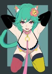 cat_ears collar color_edit green_hair heart_eyes horny_female kneeling legwear rosedoodle_(vtuber) sketchcolor stevechopz tail tongue_out virtual_youtuber