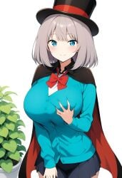 ai_generated arms_on_breasts blue_eyes blue_shirt bob_cut cape civitai cylinder grabbing_own_breast grey_hair silver_hair skirt smile tejina_senpai tejina_senpai_(character) tejina_senpai_(series)