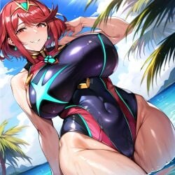 1girls ai_generated alternate_breast_size bostin breasts large_breasts outdoors partially_submerged pyra red_hair short_hair solo swimsuit swimwear water xenoblade_chronicles_2