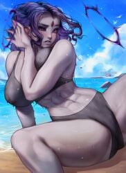 1girls abs bare_arms bare_legs bare_shoulders bare_thighs beach big_breasts blush blushedarts clothed clothing color dc dc_comics female female_focus female_only fit_female hi_res large_breasts looking_at_viewer muscles muscular muscular_female one-piece_swimsuit purple_eyes purple_hair raven_(dc) sand sea short_hair solo solo_female swimwear tagme teen_titans thick_thighs water