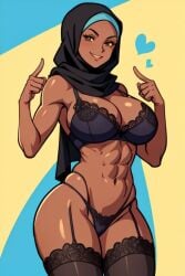 abs ai_generated big_breasts black_clothing brown_eyes dark-skinned_female dark_skin hijab hourglass_figure lingerie muslim muslim_female slim_waist smile underwear wide_hips