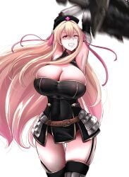 armored_female armored_gloves big_breasts blonde_hair breasts breasts_bigger_than_head dark_armor disgusted huge_breasts large_breasts nurse_hat pink_eyes pink_ribbon rendezvouz's_a. sword thick_thighs yellow_hair