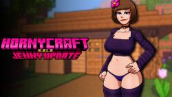 1girls big_breasts hornycraftgame jenny_belle_(slipperyt) looking_at_viewer minecraft smug stockings striped_legwear striped_stockings suggestive_look thong