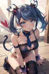 ai_generated black_hair blue_angel blue_angel_(yu-gi-oh) blue_eyes cat_ears cat_lingerie cat_tail female lingerie solo_female thighhighs wings yu-gi-oh! yu-gi-oh!_vrains zaizen_aoi