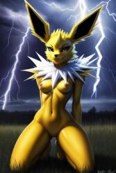 ai_generated jolteon kneeling lightning medium_breasts naked pokemon pokemon_(species) sexy.ai sexy_pose