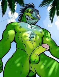 2020 abs anthro balls bgn biceps blue_body blue_scales casual_nudity circumcised circumcision_scar cloud day erection gary_(bgn) genital_scar genitals glans green_balls green_body green_scales green_tail hi_res humanoid_genitalia humanoid_penis iguana iguanid light lighting lizard looking_at_viewer looking_down looking_down_at_viewer low-angle_view male manly multicolored_body multicolored_scales muscular muscular_anthro muscular_male nature navel nipples non-mammal_balls non-mammal_navel non-mammal_nipples nude outdoor_nudity outside palm_tree pecs penis penis_towards_viewer pink_glans pink_penis plant proud red_sclera reptile scales scalie scar shadow signature sky smile solo standing tail third-party_edit tree yellow_eyes