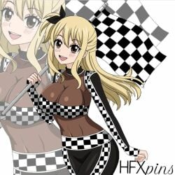 checkered_flag cleavage fairy_tail hfxpins lucy_heartfilia race_queen yellow_hair