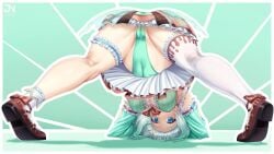 1girl 1girls 2d 2d_(artwork) 2d_artwork arm_sleeves ass ass_up back_view belly_button blue_eyes breasts brown_shoes camel_toe cameltoe face_down_ass_up ghost ghost_girl green_background indie_virtual_youtuber jack-o_pose jnstudio legs legs_apart maid maid_mint maid_outfit maid_uniform mint_fantome navel pantyshot presenting_ass presenting_butt skirt sock spread_legs stocking thick_thighs thighs upskirt virtual_youtuber vtuber white_hair