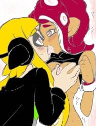 against_wall agent_3_(splatoon) agent_8_(splatoon) breast_grab breasts breasts_out curvy curvy_figure half-dressed half_naked inkling lesbian_couple lesbian_domination lesbian_kiss light-skinned_female light_skin loving_couple loving_gaze loving_it making_out octoling passionate pinned slim_girl slim_waist soft_domination splatoon splatoon_(series) splatoon_2 splatoon_3 tan-skinned_female tan_body yuri yuri