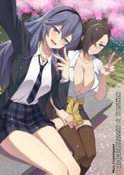 2girls :d alternate_costume bench black_hairband black_jacket blue_eyes blue_hair brand_of_the_exalt breasts brown_eyes brown_hair brown_thighhighs cherry_blossoms cleavage closed_mouth clothes_around_waist collarbone collared_shirt commission female female_only fire_emblem fire_emblem_awakening fire_emblem_fates hair_between_eyes hair_over_one_eye hairband highres jacket jewelry kagero_(fire_emblem) large_breasts long_hair long_sleeves looking_at_viewer lower_teeth_only lucina_(fire_emblem) multiple_girls mzrz necklace necktie nintendo on_bench open_clothes open_jacket open_mouth partially_unbuttoned petals plaid_clothes plaid_necktie plaid_skirt school_uniform selfie shirt sitting skirt smile sweater sweater_around_waist symbol-shaped_pupils symbol_in_eye teeth thighhighs v w