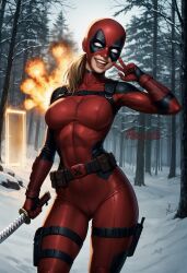 ai_generated alternate_universe avengers bodysuit deadpool_&_wolverine_(2024) female_version forest katana lady_deadpool marvel marvel_comics mask mtf_crossgender outside penguih superheroine wanda_wilson winter x-men